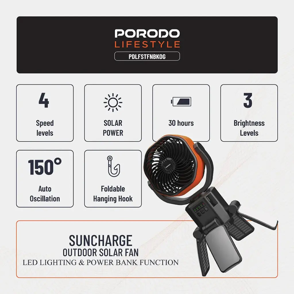 Porodo Lifestyle Suncharge Outdoor Solar Fan - Black & Orange